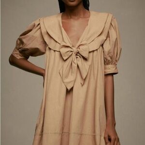 Pilcro Tan Ruffled Tie Front Sundress with Puff Sleeves